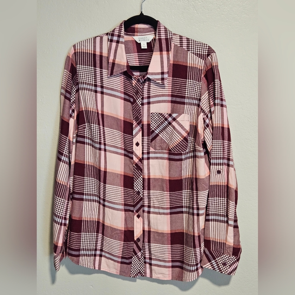 Market & Spruce Pink and Burgundy Plaid Button Down Shirt Size 1X